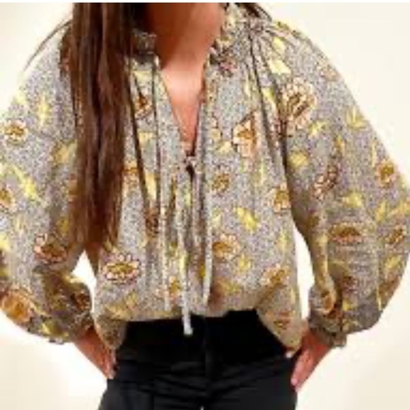ULLA JOHNSON Kaitlyn Chrysanthemum Tie Neck Blouse Size 0 - Picture 3 of 13